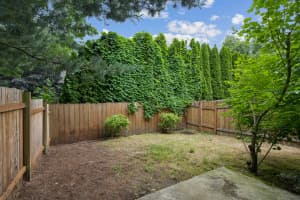 Fenced backyard with tall evergreens, climbing vines, and a concrete patio at Roberts Court Townhomes in Gresham, Oregon